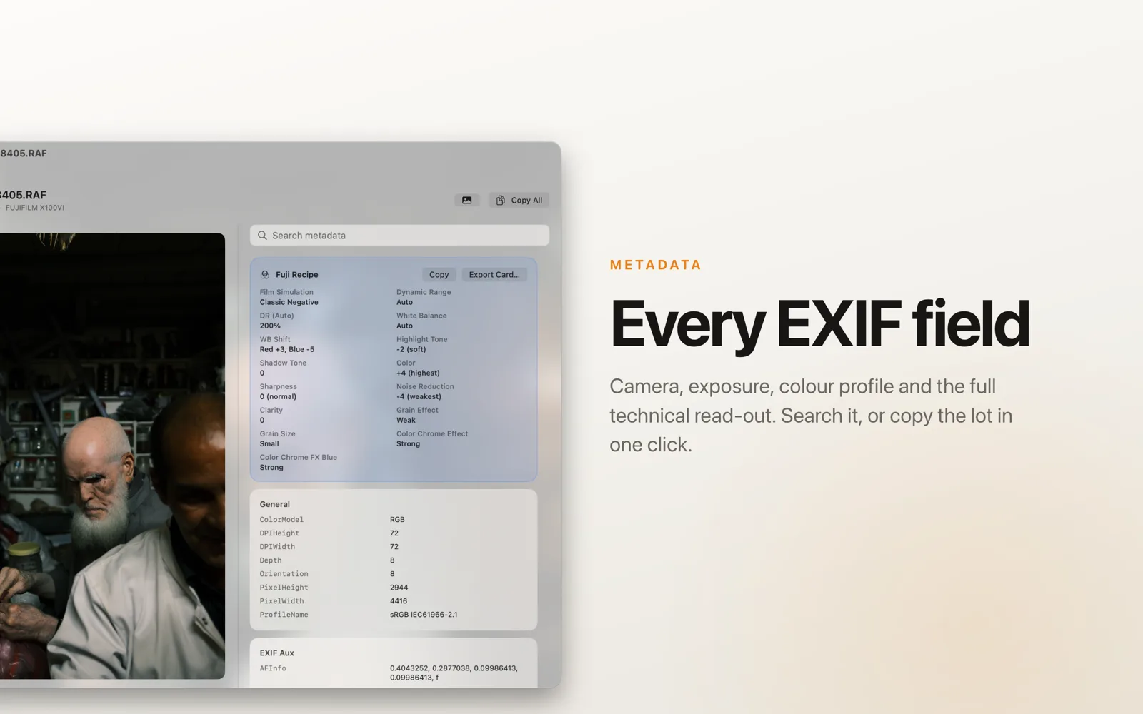 EXIF metadata panel with camera model, shutter speed, aperture, ISO and focal length